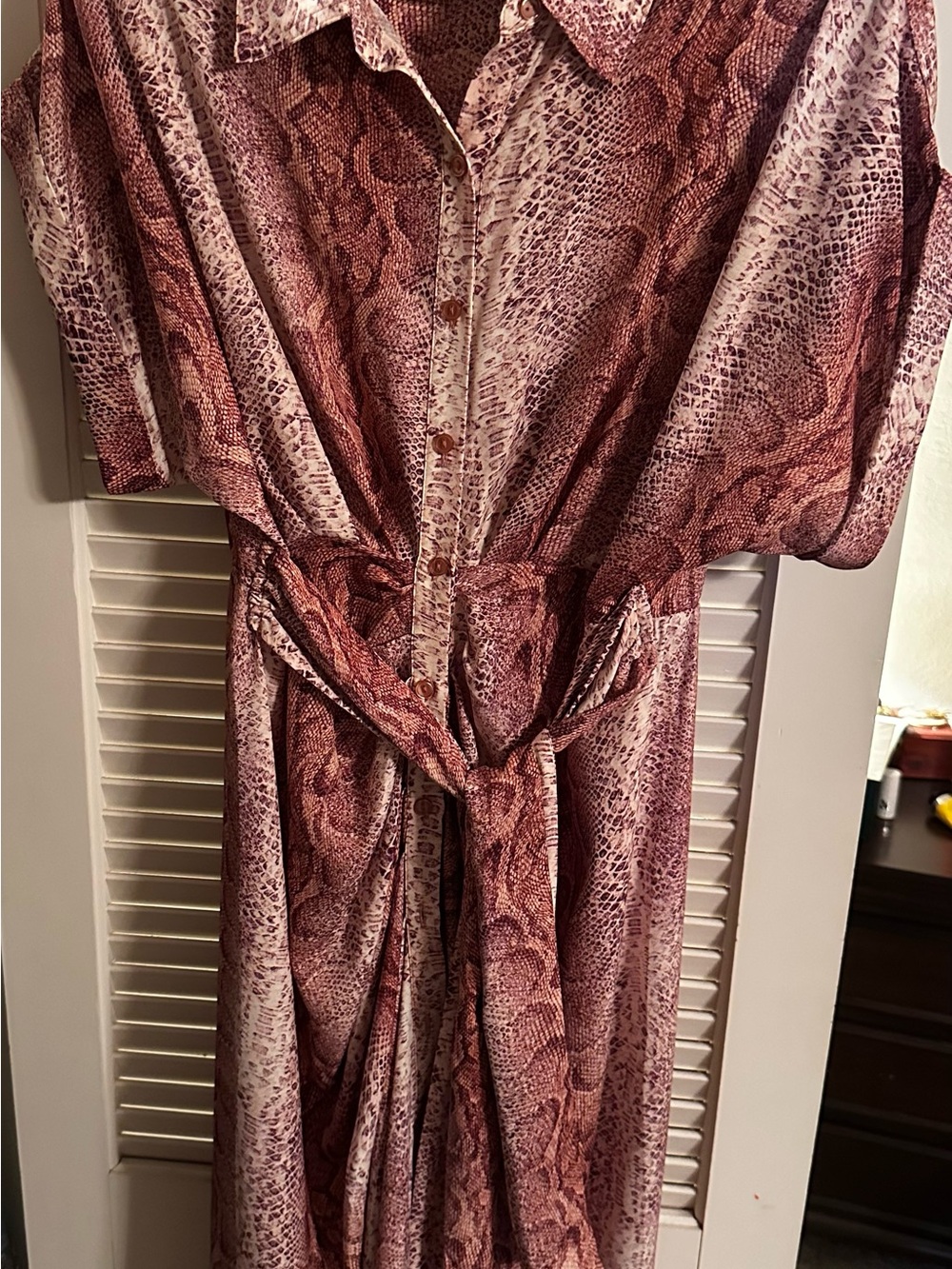 Steve Madden Pink Snake-Print Midi Shirt Dress with Tie